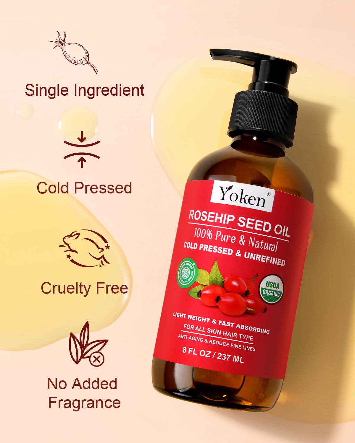 Thumbnail 5 de Yoken Organic Rosehip Seed Oil, 8 oz Cold-Pressed Oil in Glass Bottle
