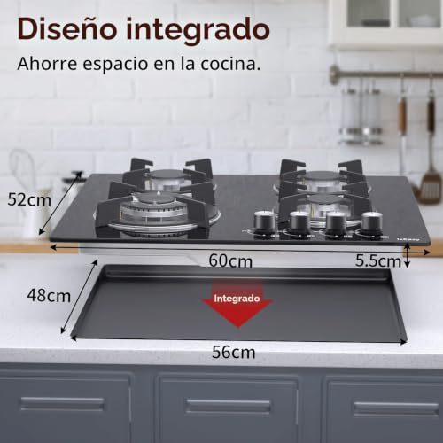 Detalle 2 de IsEasy Placa de Gas 4 Fuegos Negro, 60 cm, 7800 W. Encimera de butano/natural/propano