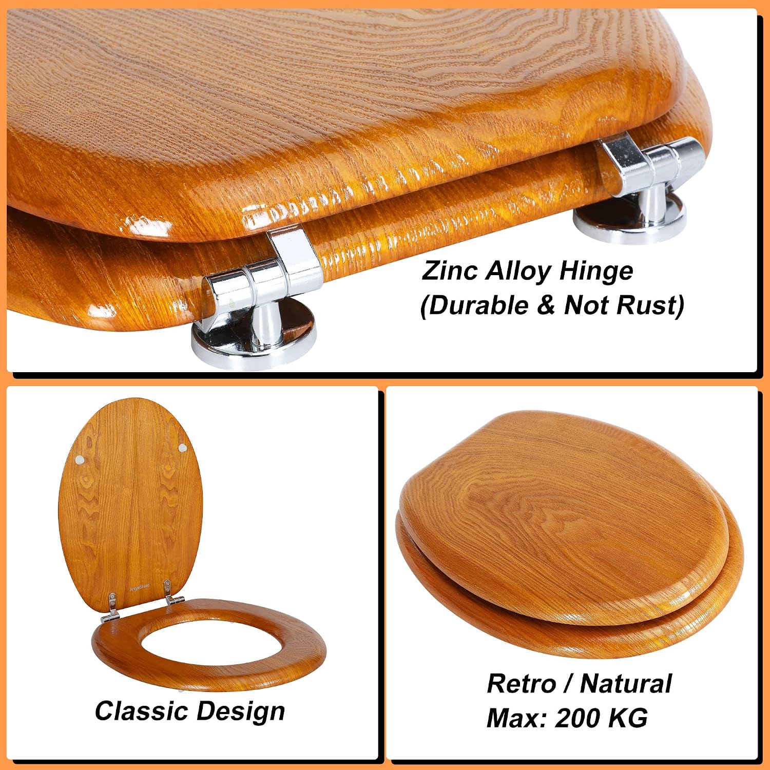 Thumbnail 1 de Angel Shield Natural Wooden Toilet Seat with Zinc Alloy Hinges (Oak Yellow)