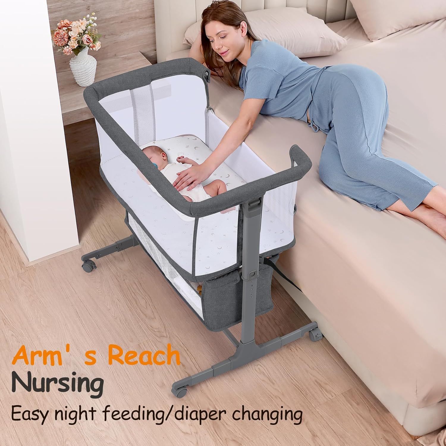 Detalle de Growaystory Beistellbett mit Co-Sleeper-Funktion (Bassinet) – bettseitiger Baby-Nachttisch mit Rädern, Stauraum und 7-fach Höhenverstellung