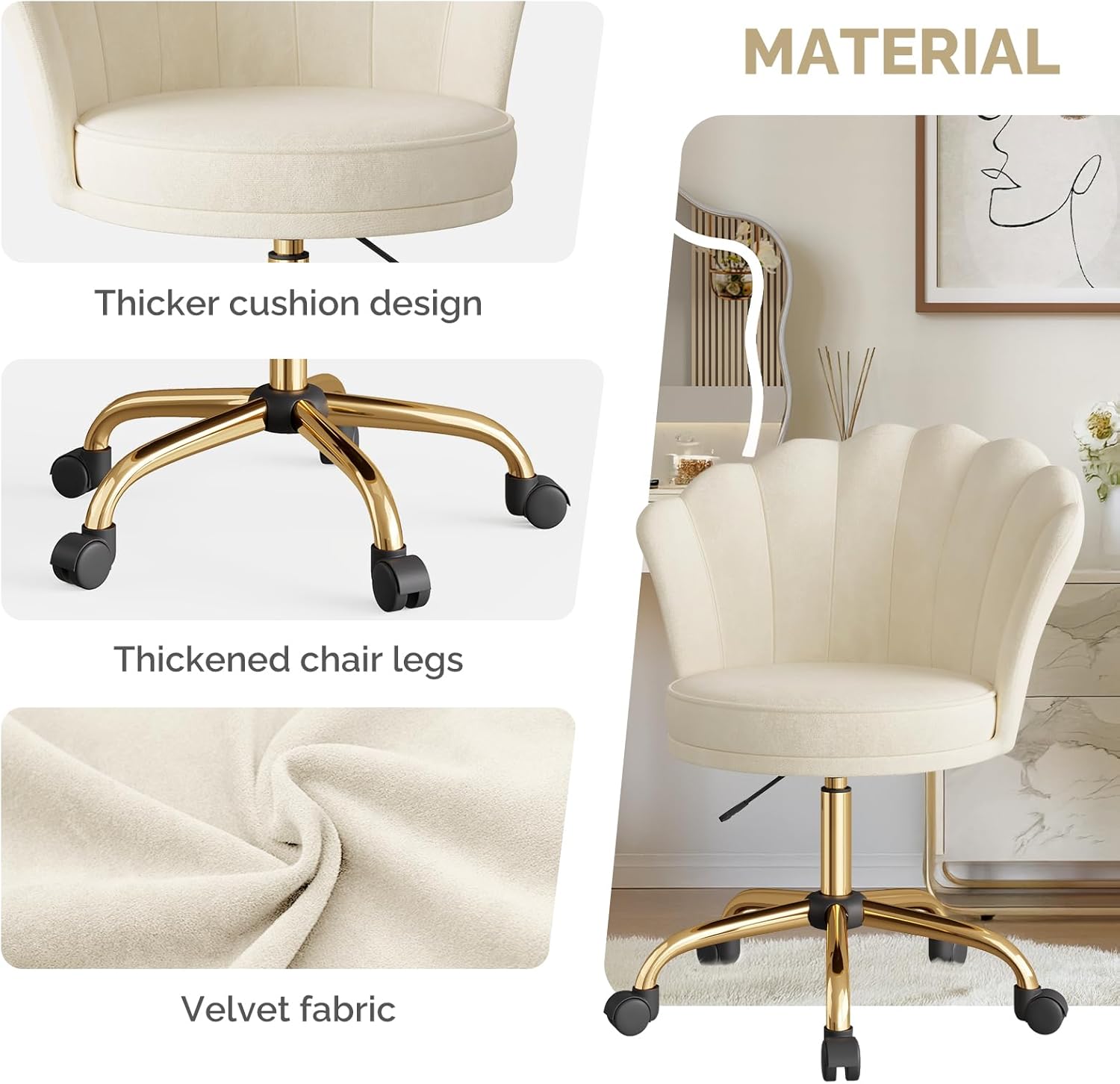 Thumbnail 4 de Aivermeil Homeoffice Stuhl – Samtstoff, Blütenrücken und 360° Drehbarkeit