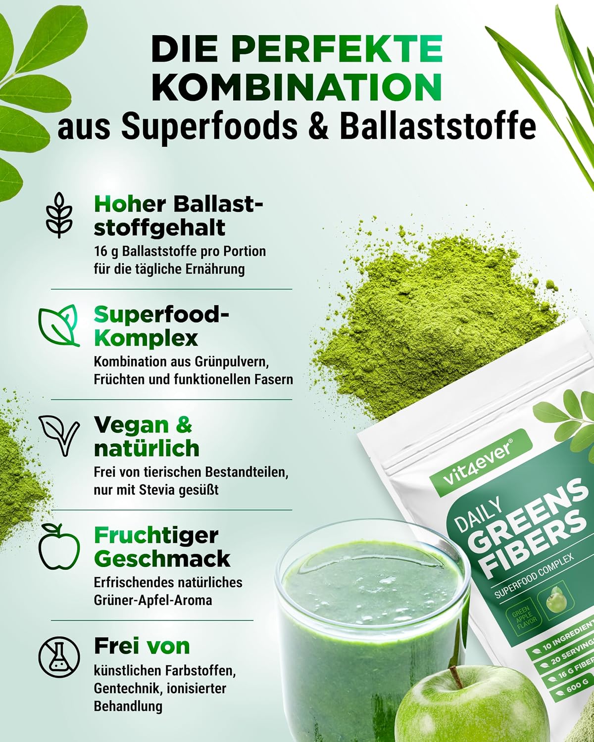 Detalle 2 de vit4ever Daily Greens & Fiber 600 g 🥤