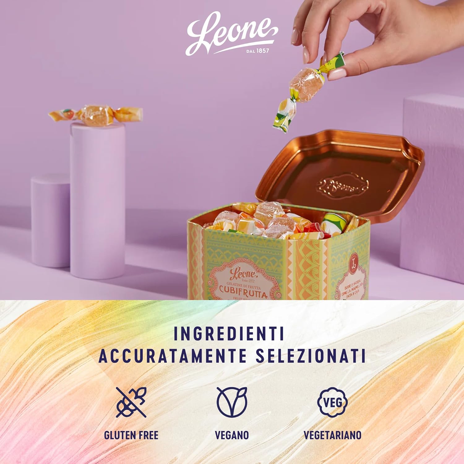 Detalle 1 de Leone depuis 1857 – Boîte en métal Pâtes de Fruits du Soleil (200 g) – Sans Gluten et Végan