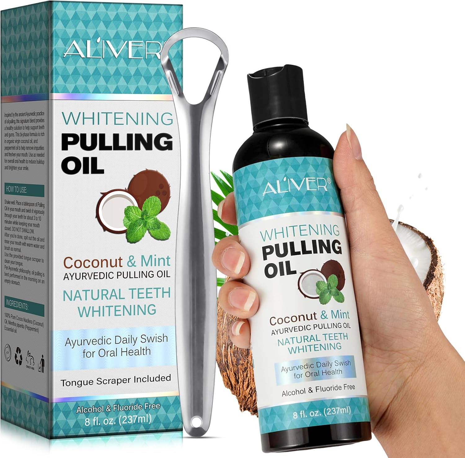 Detalle de Olio di Cocco per Denti 237 ml – Pulling Oil con raschietto per la lingua, set 3 in 1