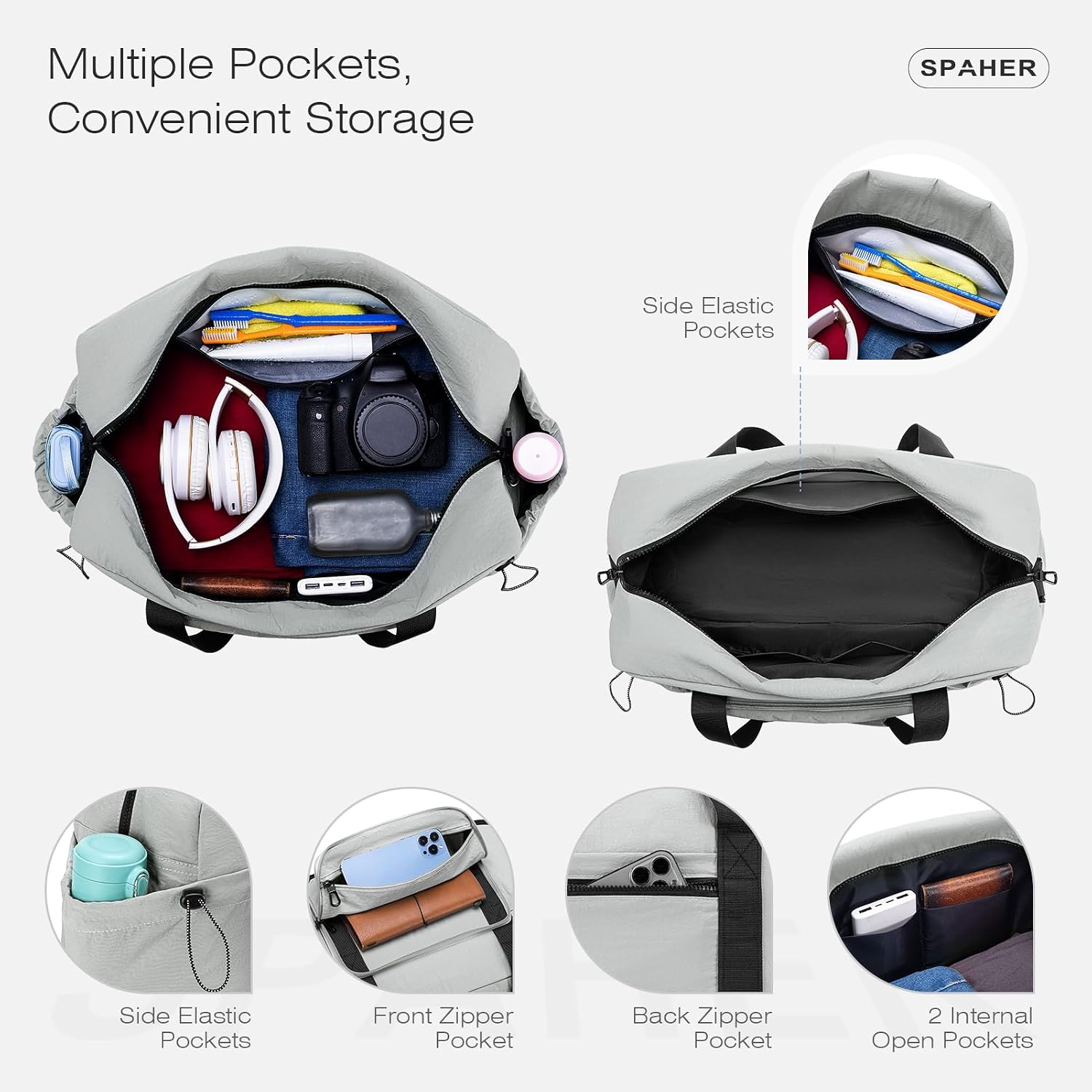 Detalle de SPAHER Large Travel Duffle: Foldable Cabin Bag with Wet Pocket and Two Included Toiletry Bags
