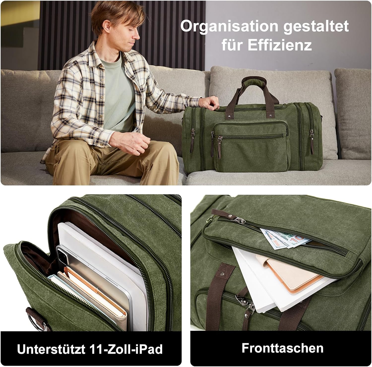 Thumbnail 4 de Erweiterbare Reisetasche 70L – große Sporttasche mit ausziehbarer Länge (Oliv)