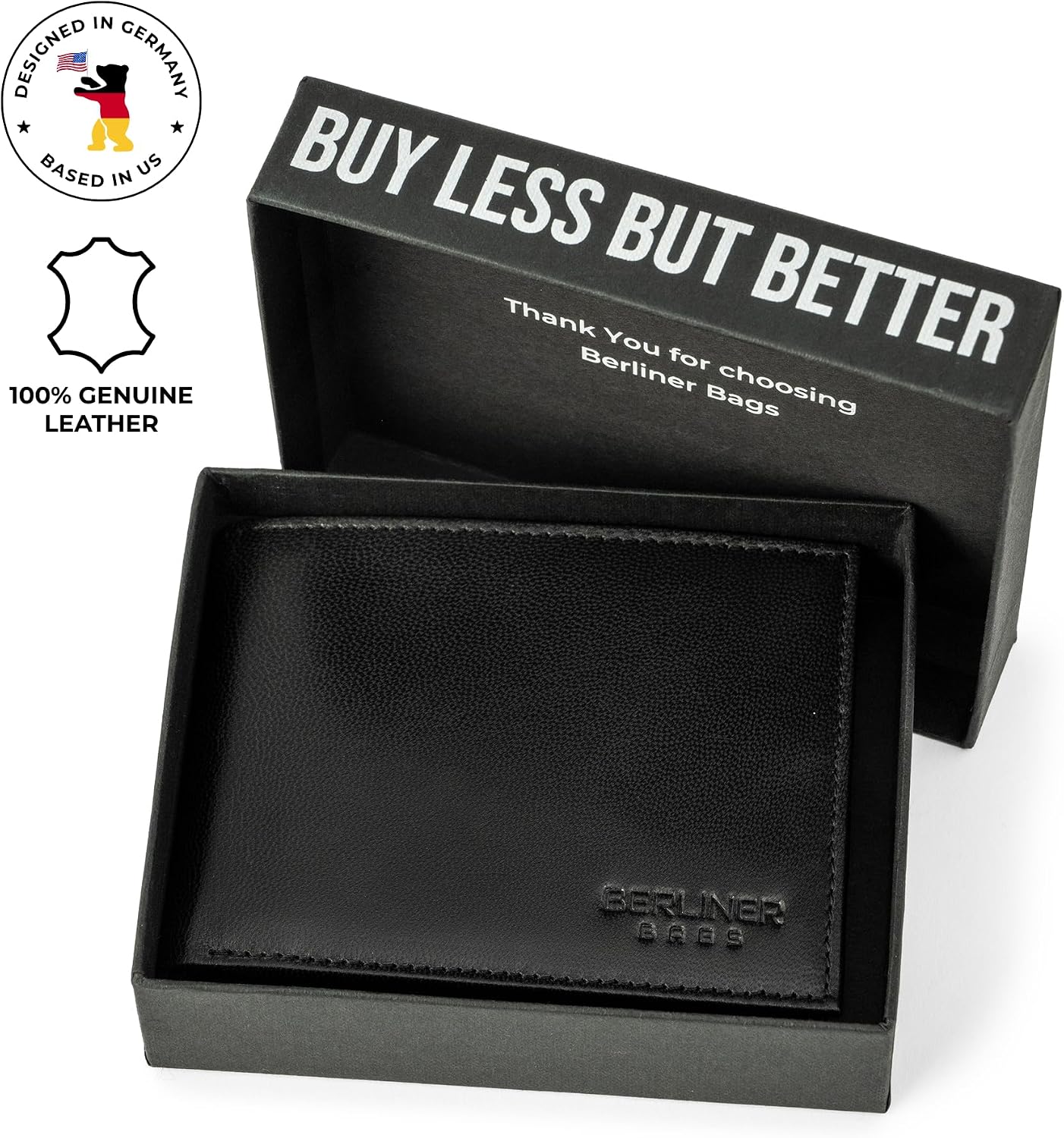 Detalle de Berliner Bags Peter Portefeuille Homme en Cuir Véritable – Protection RFID, 8 emplacements, 2 fenêtres ID, 12 x 9,5 cm – Noir