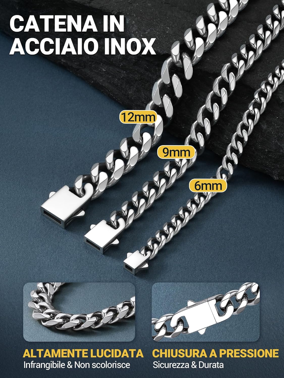 Thumbnail 3 de PROSTEEL Collana argento uomo catena cubana Miami in acciaio inox 316L (6/9/12 mm) 45-75 cm