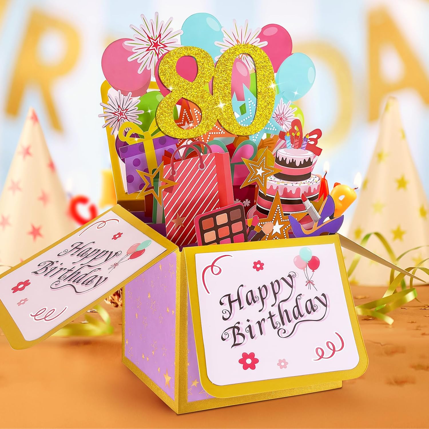 Thumbnail 6 de Hierein 80th Birthday Card for Women – Pink Pop Up 3D Gift Box Card