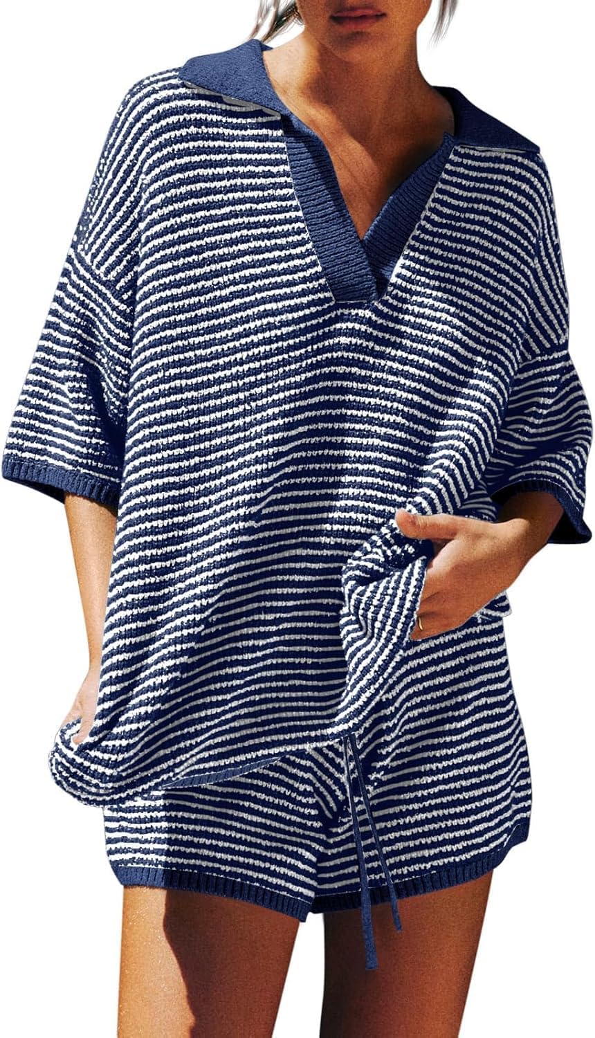 Detalle de Tankaneo Women's Sweater Set 2 Piece Outfits: Oversized 3/4 Sleeve V-Neck Knit Tops + High-Waisted Shorts Lounge Set