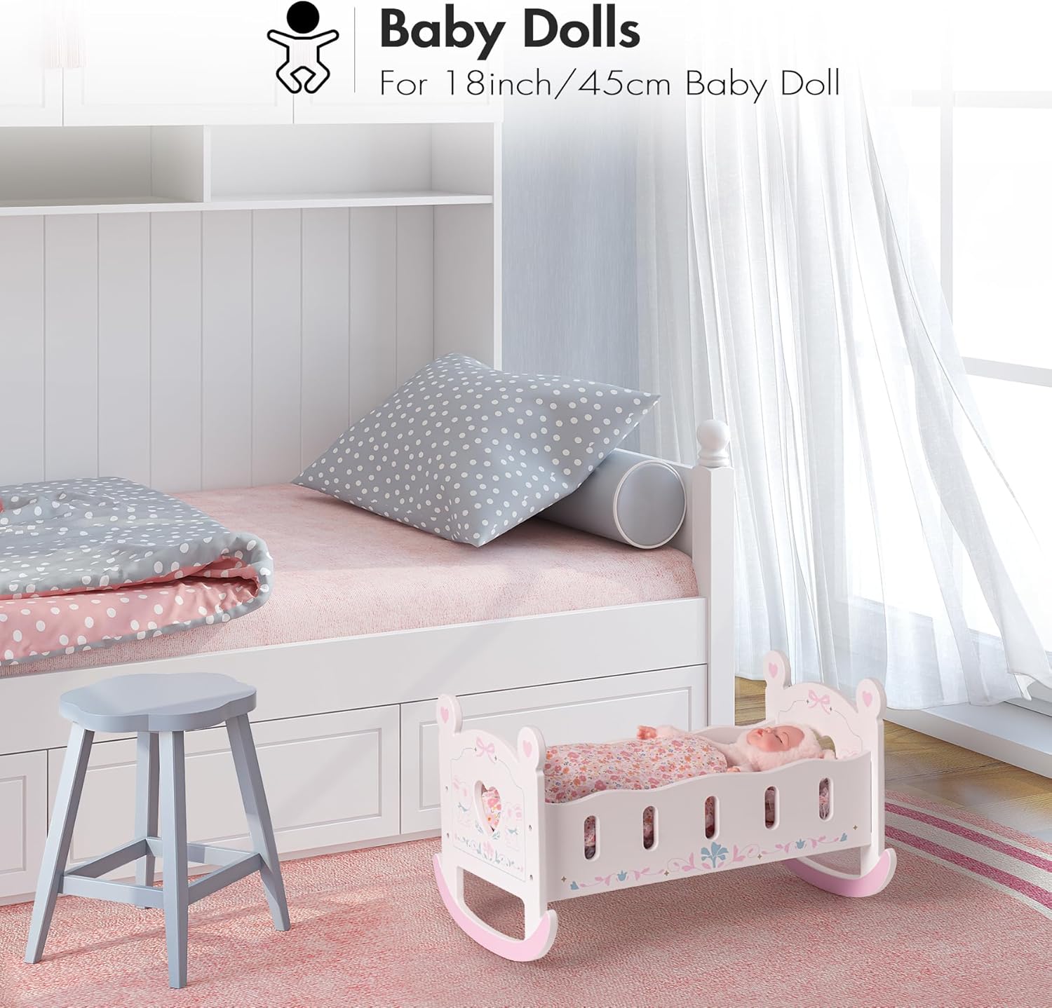 Detalle de ROBOTIME Wooden Baby Doll Crib for 18-24 Inch Dolls (with blanket and pillow) — rocker doll cradle bed