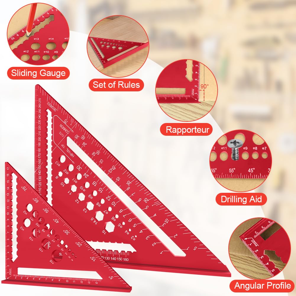 Detalle de Flintronic 2 Pcs Speed Square Set (18 & 30cm) Aluminium Alloy Triangle Ruler with 2 Carpenter Pencils
