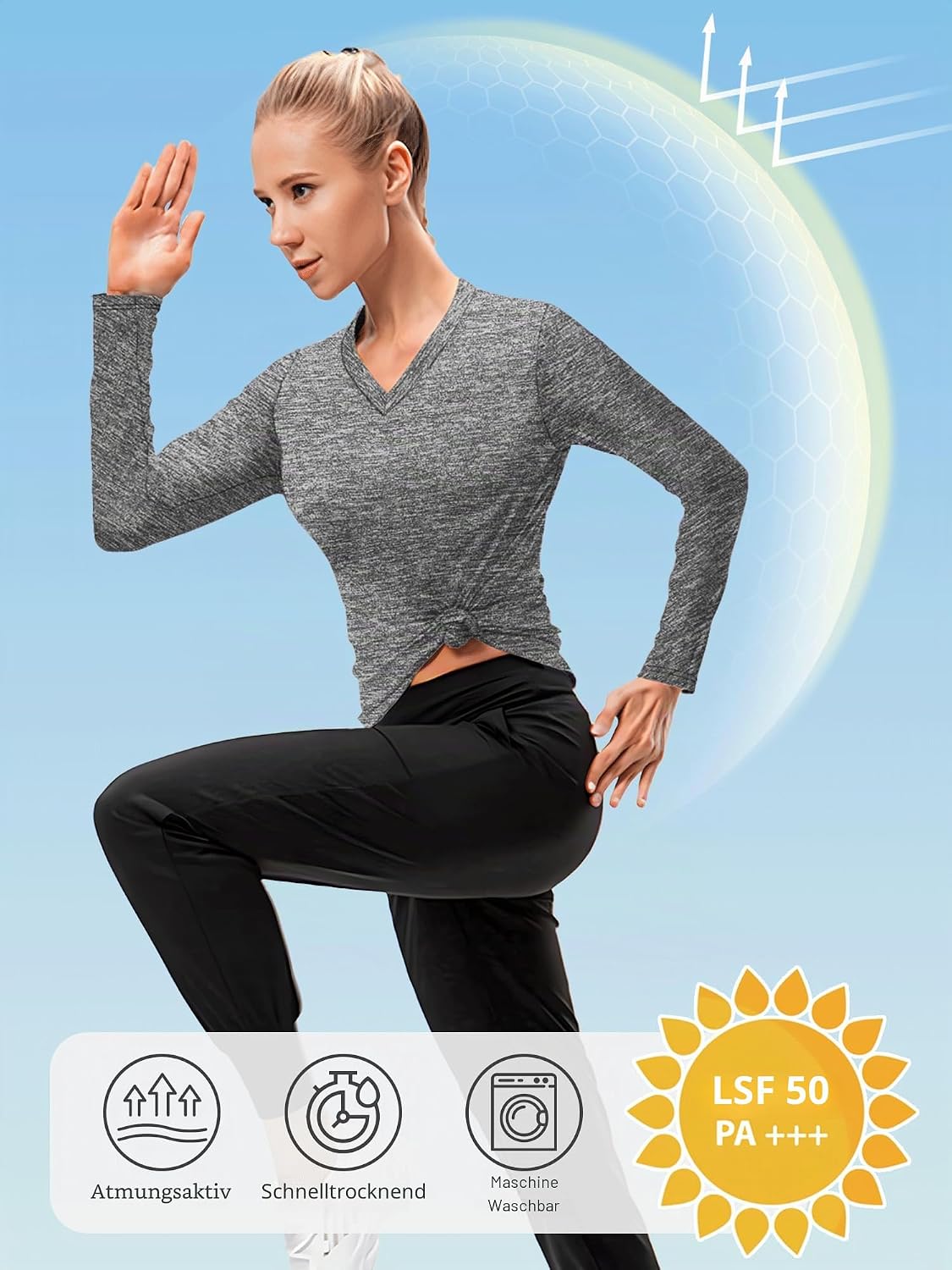 Detalle de Sportshirt Damen Kurzarm V-Ausschnitt UPF 50+ – atmungsaktives Fitness-T-Shirt im 5er-Pack