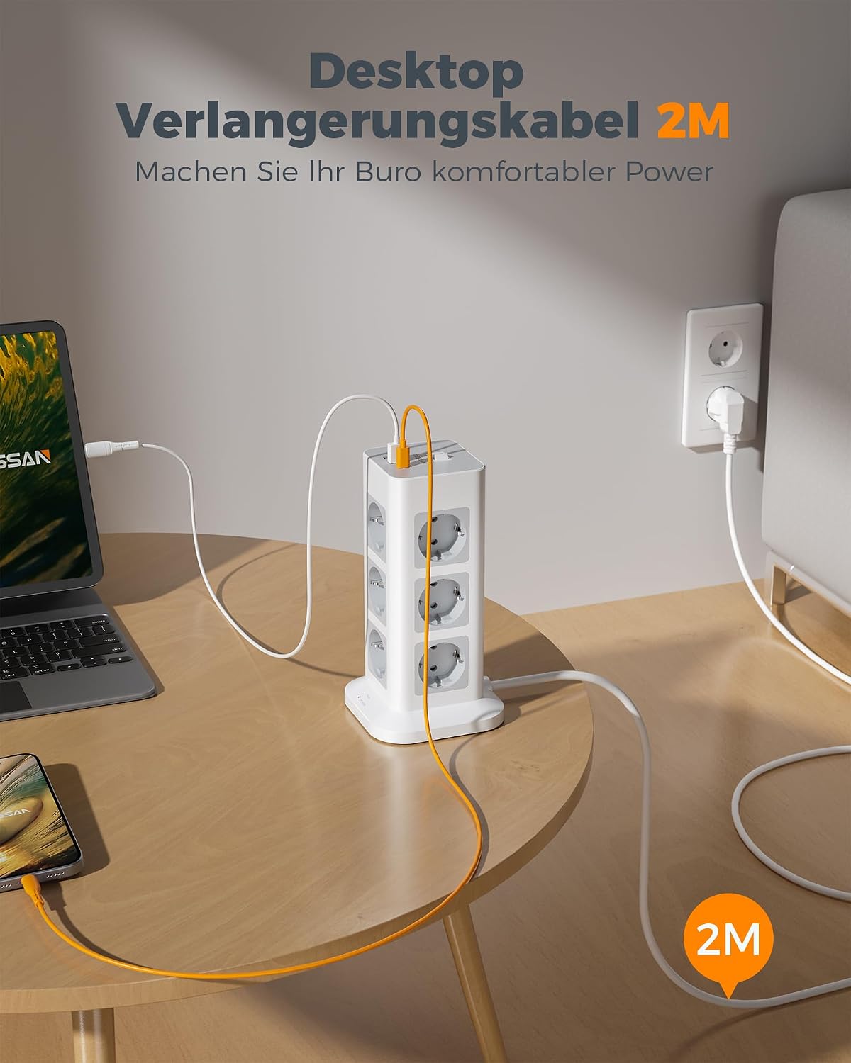 Detalle 1 de TESSAN TPS04-DE-C grenuttagstorn med 12 uttag, USB-C, 2 USB-A och 2 m kabel