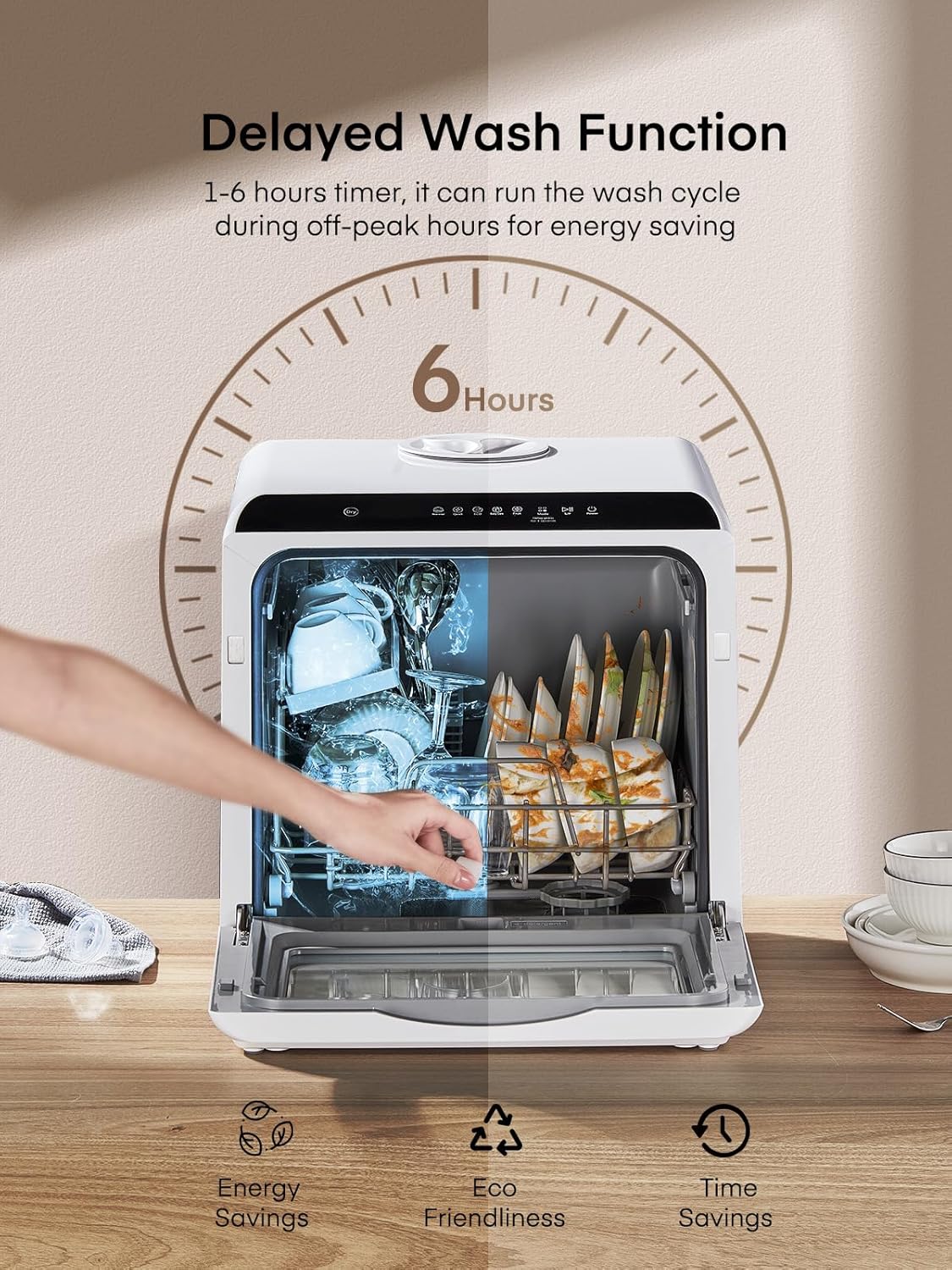 Detalle de FOHERE TDQR01A Countertop Dishwasher with 5L Tank and Delay Start