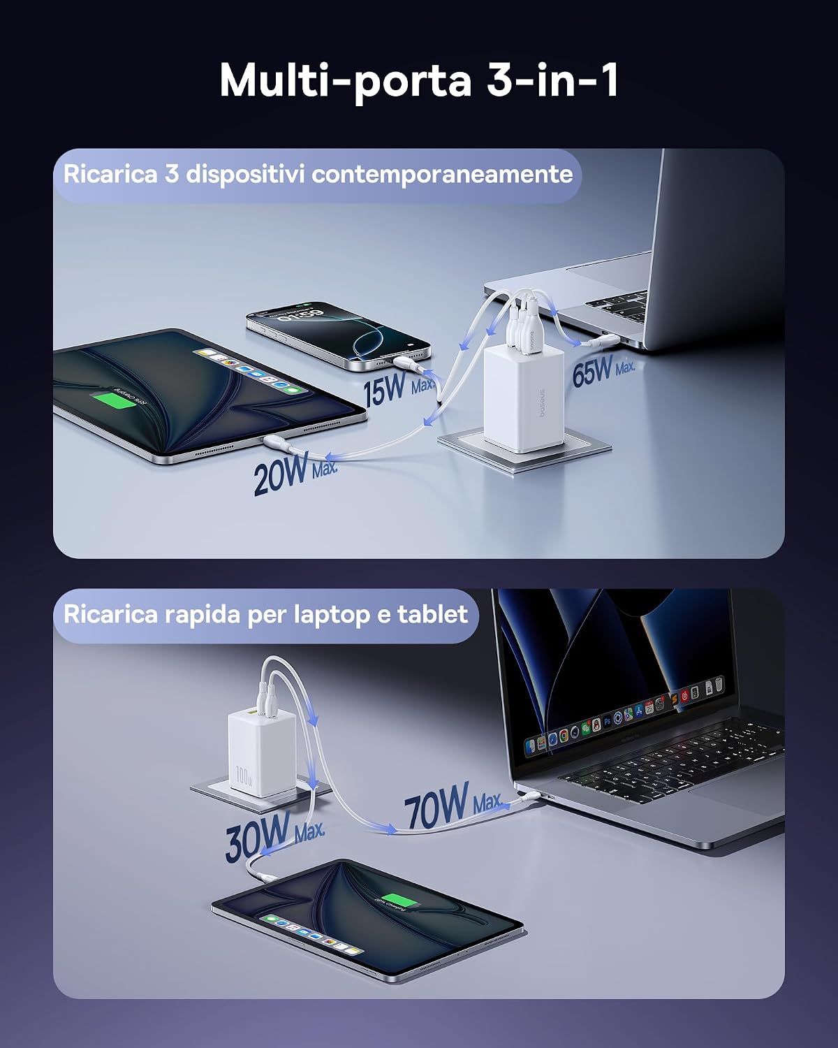 Detalle de Baseus Enerfill Caricatore USB-C 100W con 3 Porte: PD PPS e GaN per Mac, iPhone, Galaxy e Pixel