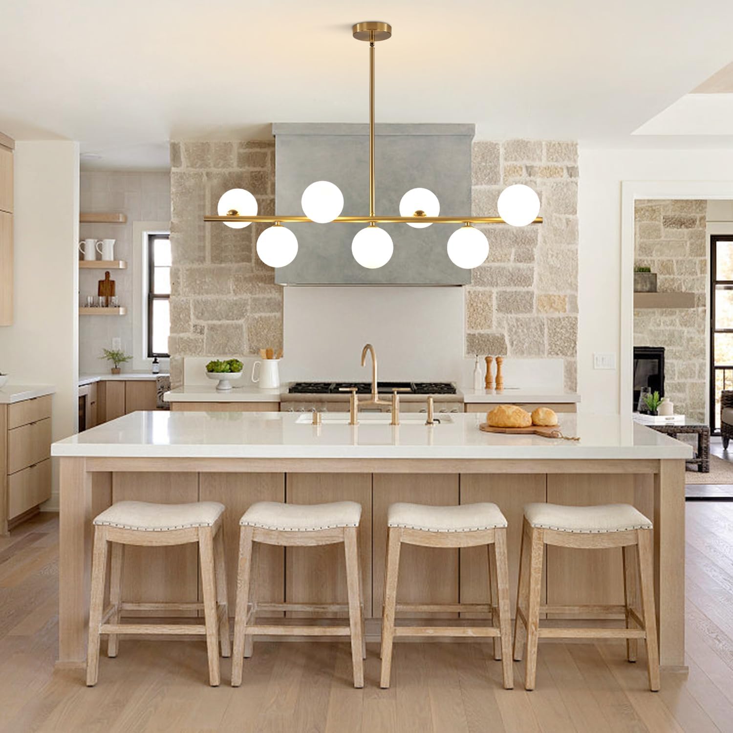 Detalle 2 de BOKT BP1078 7-Light Linear Chandelier with White Glass Globes, Brushed Gold