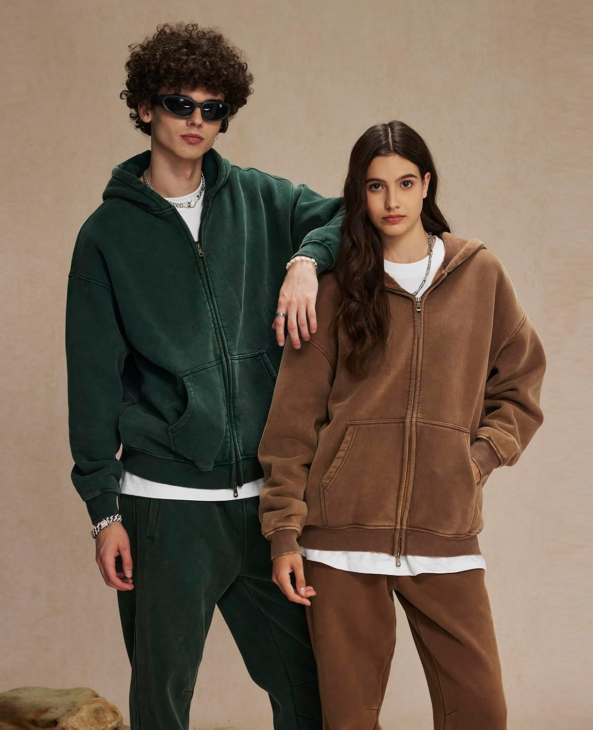 Detalle 2 de HOUZONIY Herren Fleece-Kapuzenpulli mit durchgehendem Reißverschluss – Oversized Zip Hoodie Y2k Hip Hop Stil
