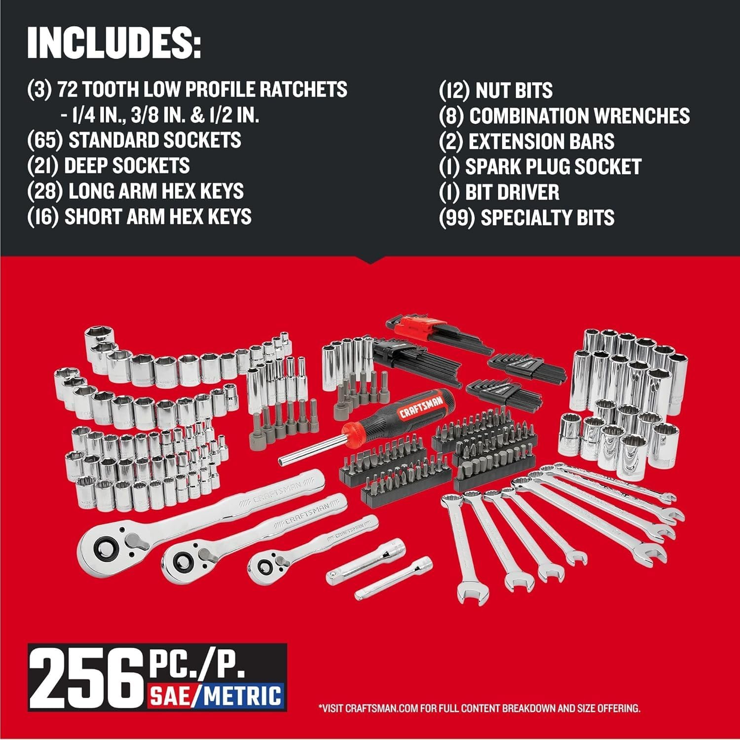 Thumbnail 1 de CRAFTSMAN Mechanics Tool Set, 256-Piece with 72-Tooth Low-Profile Ratchet and 2-Drawer Box (CMMT45256)
