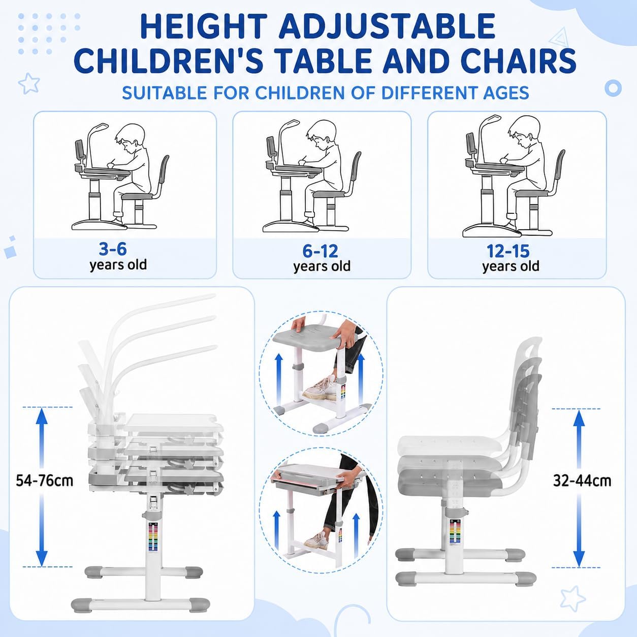Detalle 2 de MAMIZO Gris Height-Adjustable Children's Desk and Chair Set with Lamp, Grey