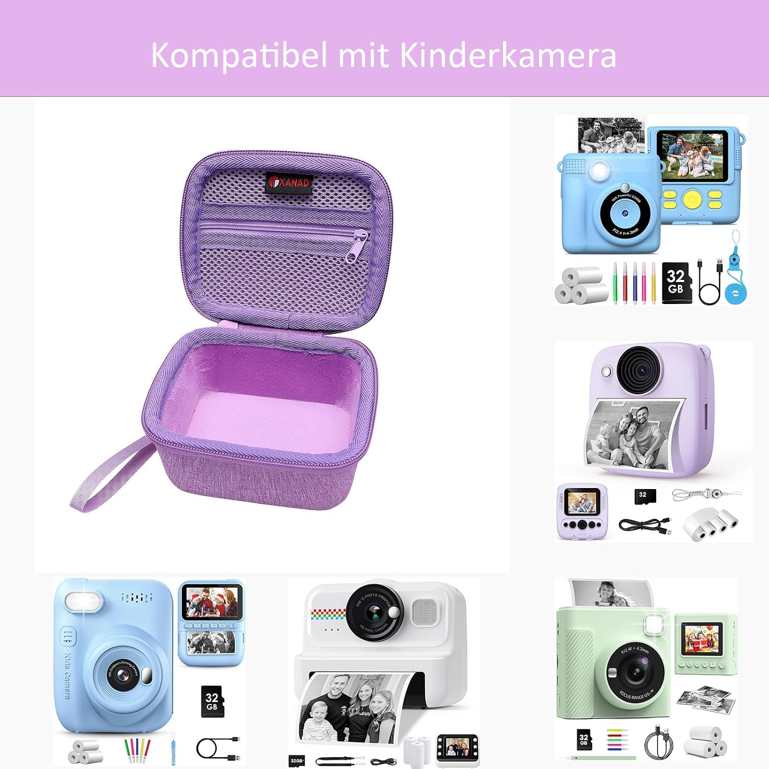 Thumbnail 3 de XANAD Kinderkamera Tasche für Sofortbildkamera – Schutzhülle mit Thermodruckpapier, Gurt und Hartschale (Lila)