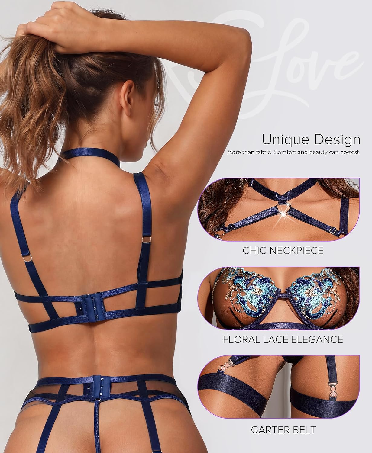 Detalle de RSLOVE lingerieset met meshbeha, slipje, bloemenpatroon en jarretelgordel