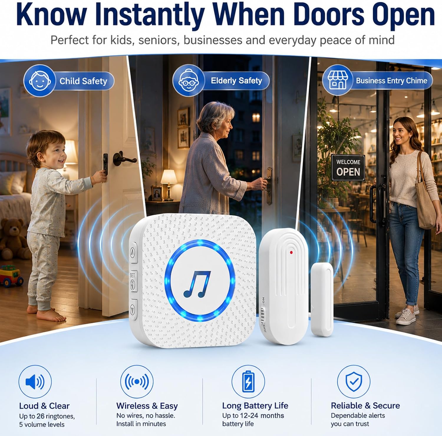 Detalle 2 de SanJie 3 Sensors +2 Receiver Wireless Door Chime with 26 Tones