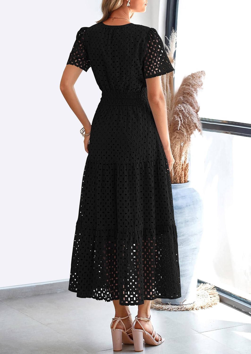 Detalle 2 de PRETTYGARDEN Womens 2026 Summer Maxi Dress: Eyelet V-Neck A-Line with Short Sleeves