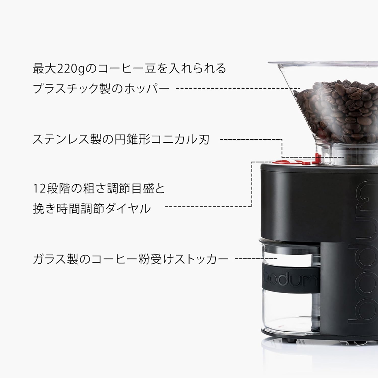 Detalle de BODUM BISTRO 10903-01JP-3 電動コーヒーグラインダー コニカル刃・挽き目調節
