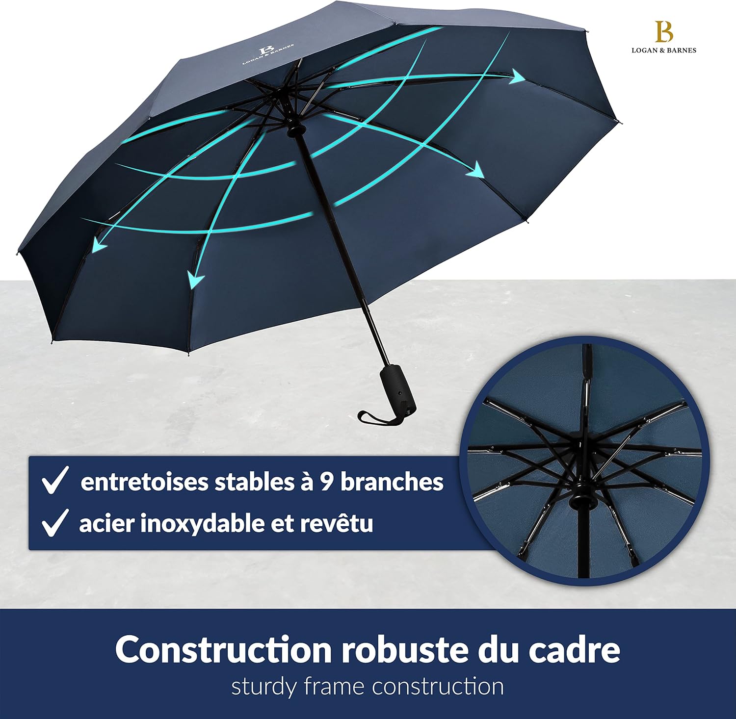 Detalle de LOGAN & BARNES Parapluie Boston: résistant aux tempêtes jusqu’à 140 km/h, compact et automatique