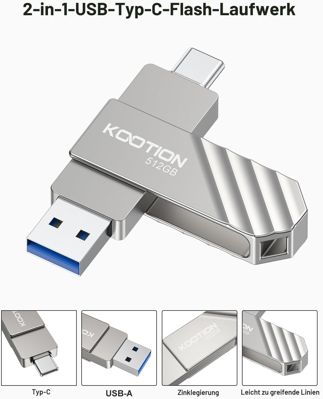 Detalle 2 de KOOTION USB Stick 512GB USB-C Stick USB 3.2 Gen 2 – Dual USB-C/USB-A Flash Drive