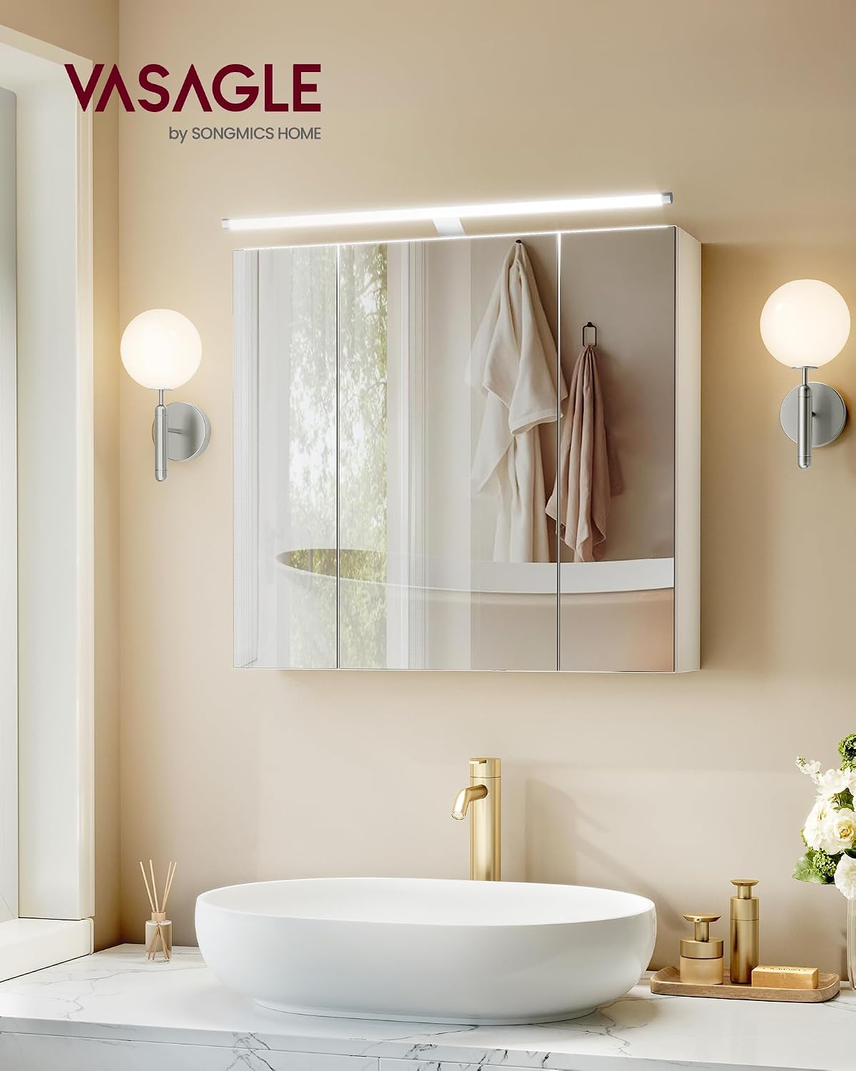 Thumbnail 1 de VASAGLE Kailyn Collezione – Armadietto da Bagno Sospeso con Specchio, Illuminazione e Ripiani Regolabili (15 x 60 x 55 cm)