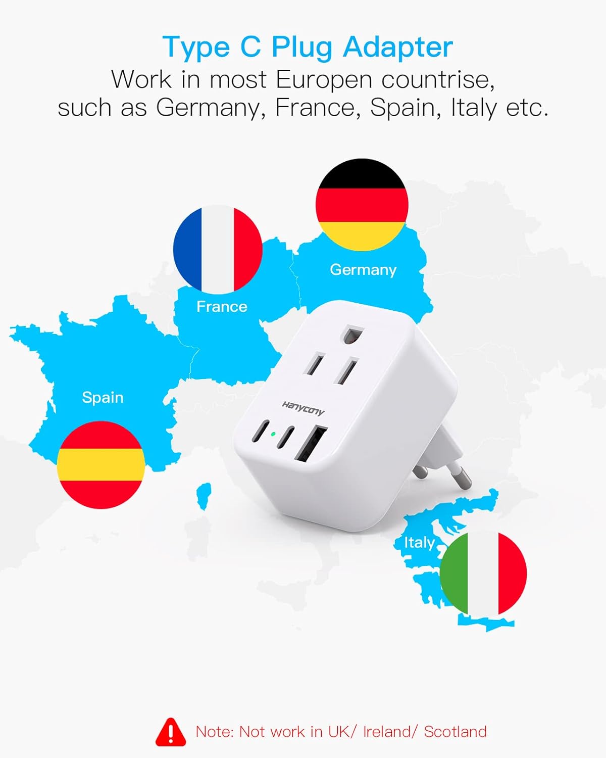 Detalle de HANYCONY European Travel Plug Adapter USB C – 2 Outlets, 3 USB Ports (2 USB-C), US to Europe Power Adapter