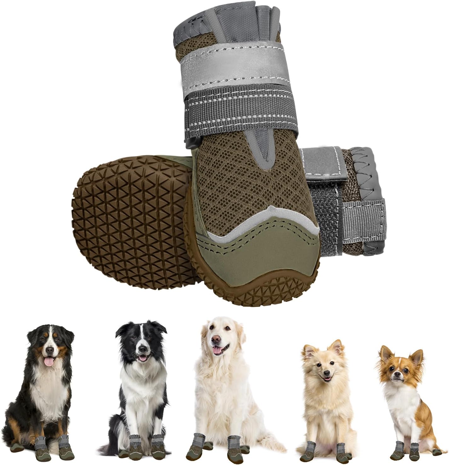 Detalle de Eyein Hundeschuhe Pfotenschutz – 2er-Pack, atmungsaktiv, rutschfeste Sohle, Reflektor-Klettverschluss, Größe 4, Braun