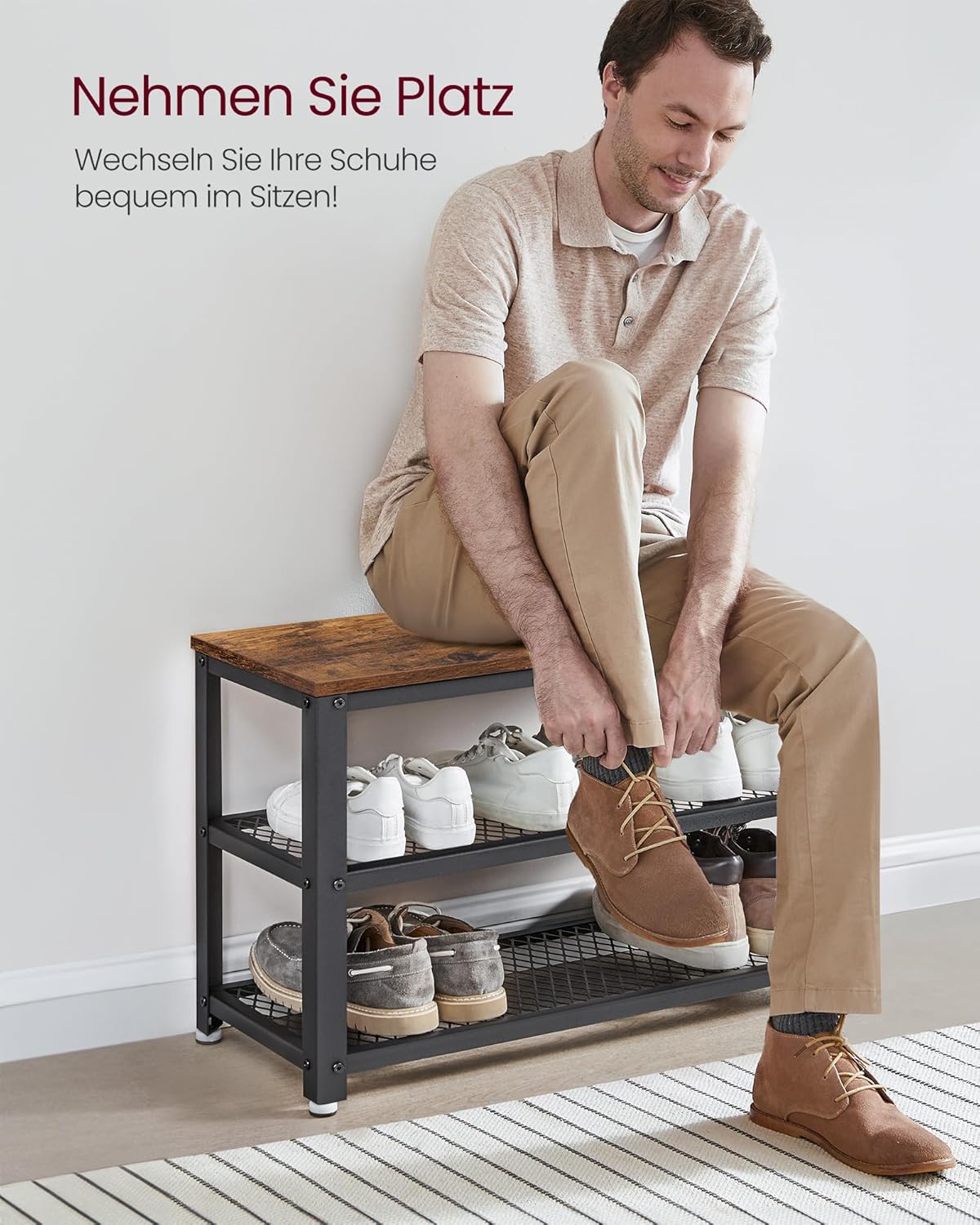 Thumbnail 3 de VASAGLE Schuhbank LBS73X – Schuhregal mit 2 Gitterablagen, 30 x 73 x 45 cm, industriell vintagebraun-schwarz