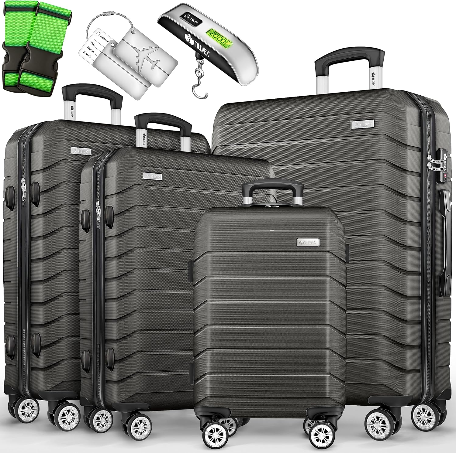 Detalle de Set tillvex® de 4 valises rigides avec roulettes + balance, sangles et étiquettes (S/M/L/XL) gris/anthracite
