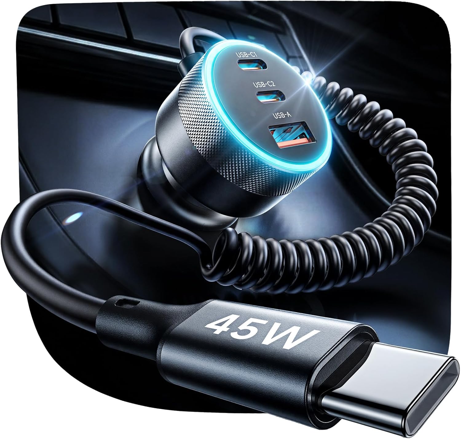 Detalle de LISEN 4 in 1 USB Car Charger with 90W Fast Charge (2× USB-C 45W, USB-A 30W) and 1.3m Retractable Cable