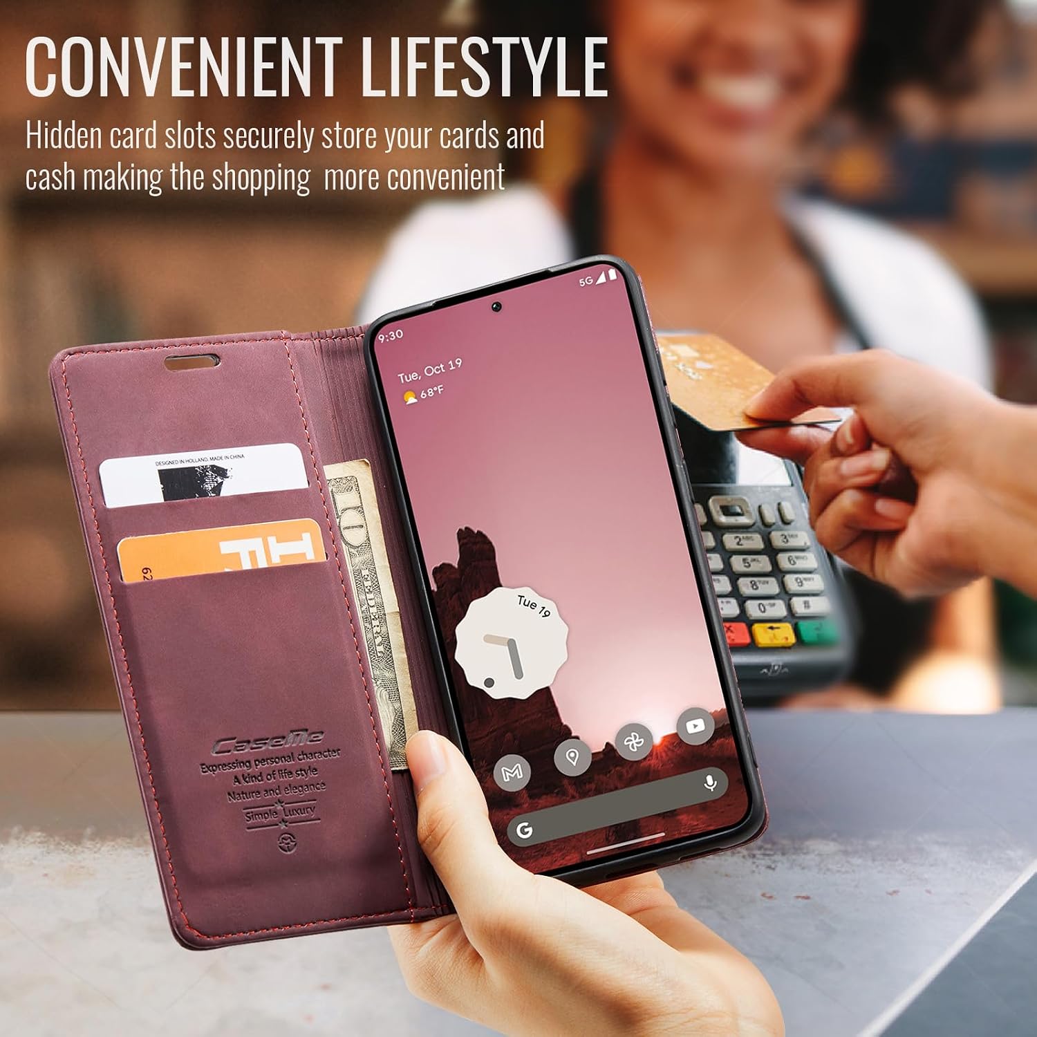 Detalle de Ottcooed Premium Leder Flip Case für Google Pixel 9a – Weinrot, Magnetverschluss, Standfunktion & Kartenfach