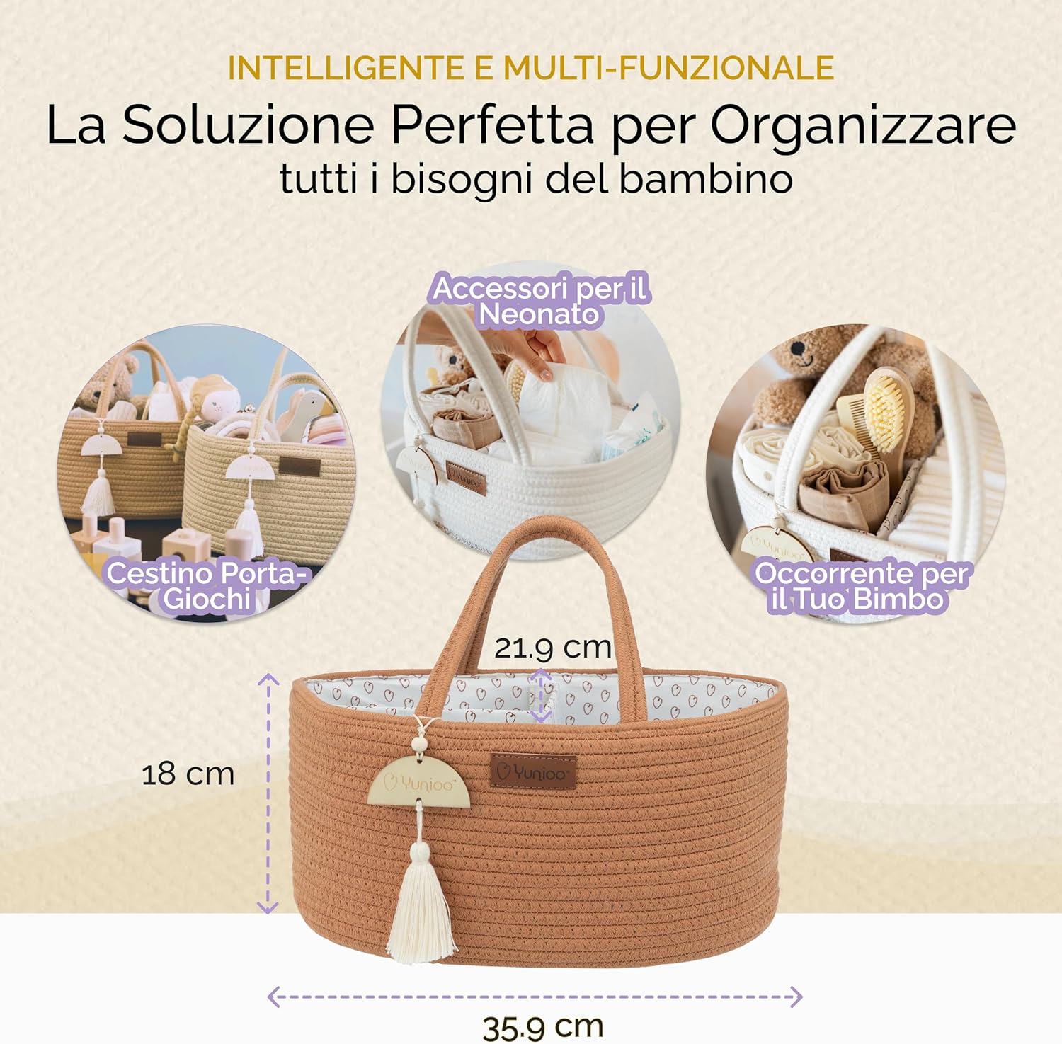 Detalle de Yunioo Cestino Porta Pannolini: organizer per fasciatoio per neonati con maniglie robuste e scomparti staccabili