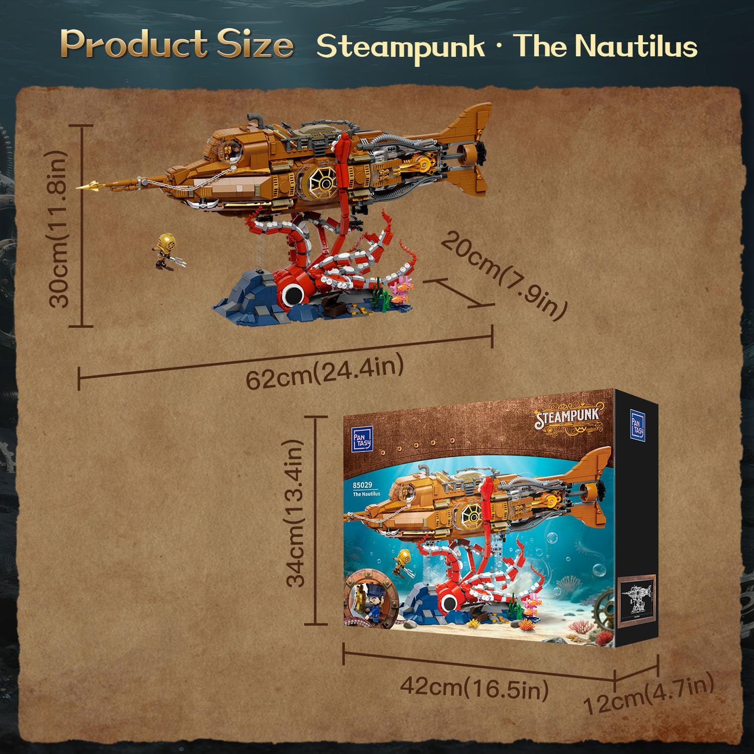 Thumbnail 6 de PANTASY Steampunk Nautilus U-Boot Klemmbausteine Set – Modulares 3-Sektionen-Design mit Zahnrad-Propeller