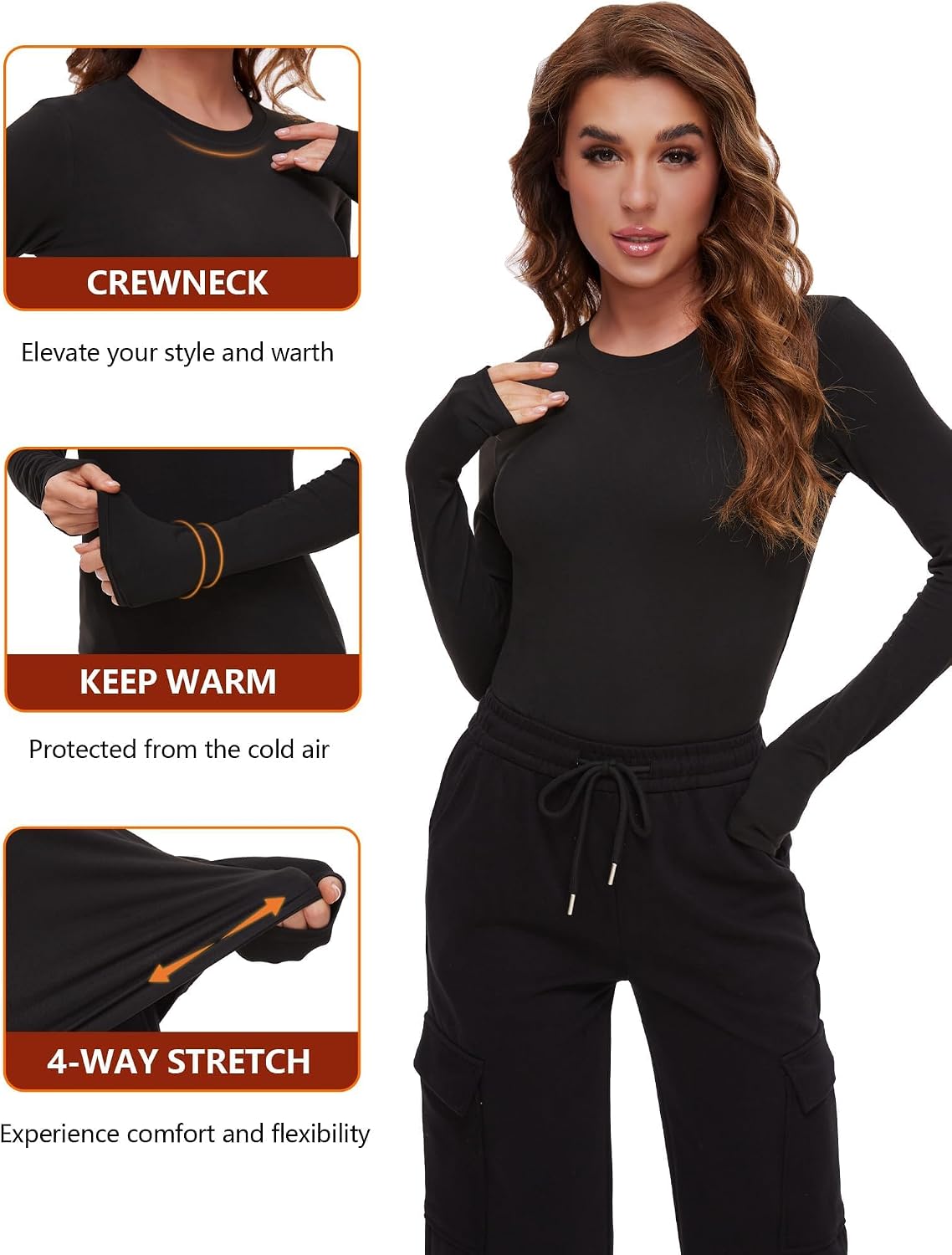 Detalle de Dalavch Women's Fleece-Lined Thermal Shirts, 4-Pack, Long Sleeve Crew Neck