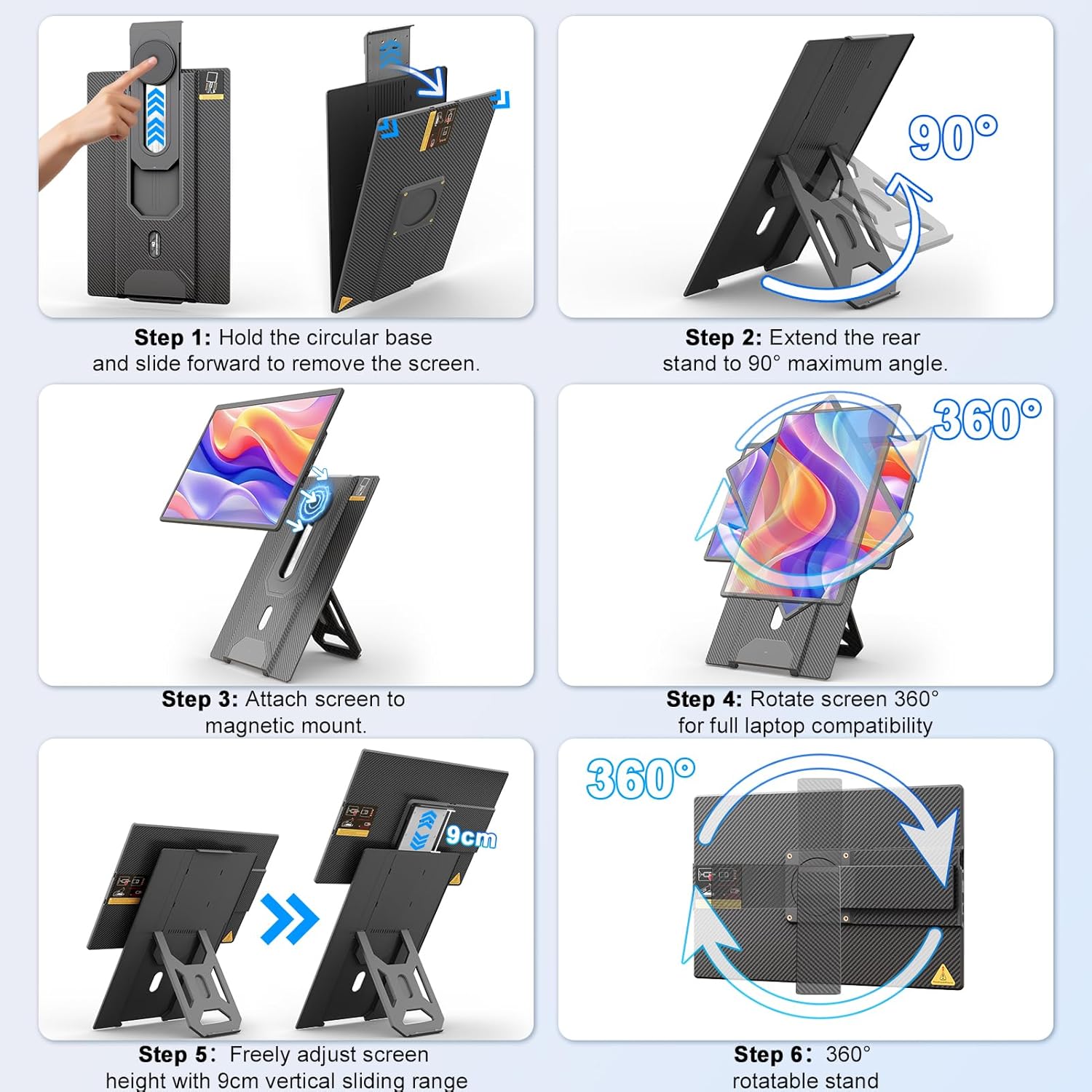Detalle de domyfan 16" Portable Display FHD 1200p with Magnetic 360° Stand — Detachable Travel Screen for Laptops 13–17.3", Plug & Play