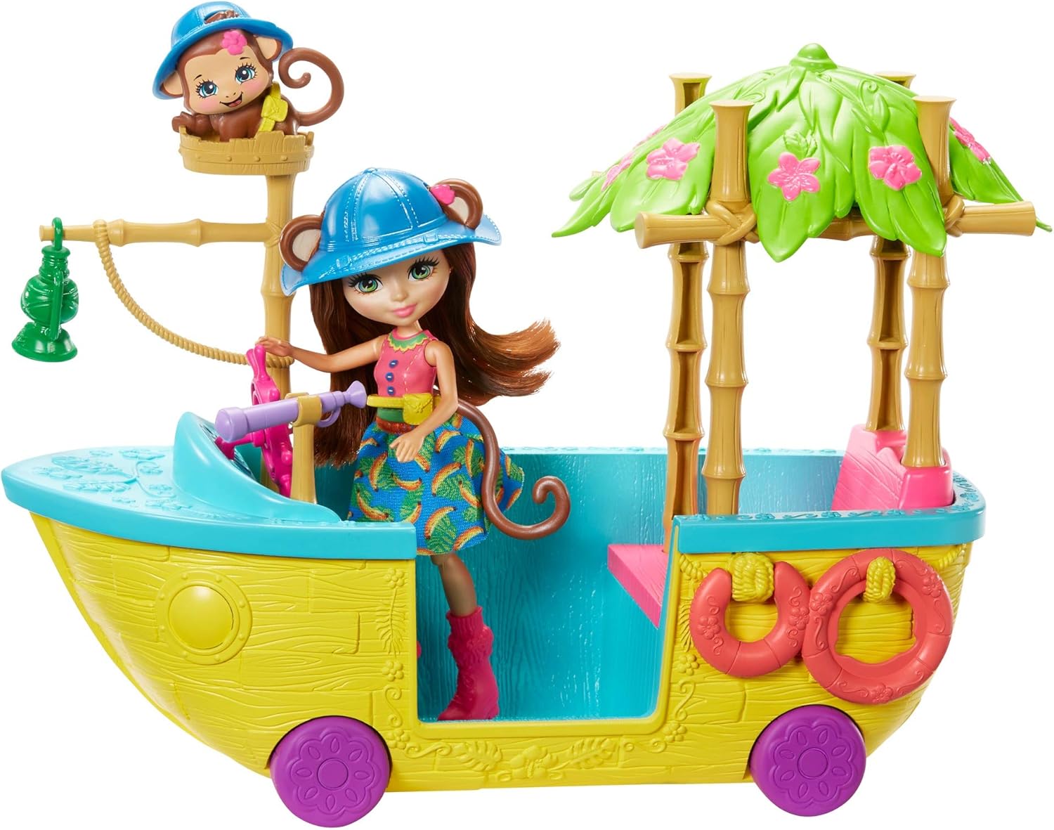 Detalle de Enchantimals Coffret Bateau d'Exploratrice à roulettes, Mini-poupée Merit Singe (GFN58) — jeu d’imagination et d’amitié