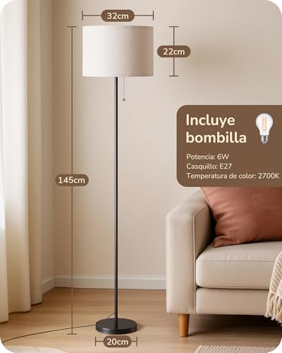 Detalle 2 de EDISHINE Lámpara de Pie Salón con Pantalla de Lino y Luz 2700 K — Negro