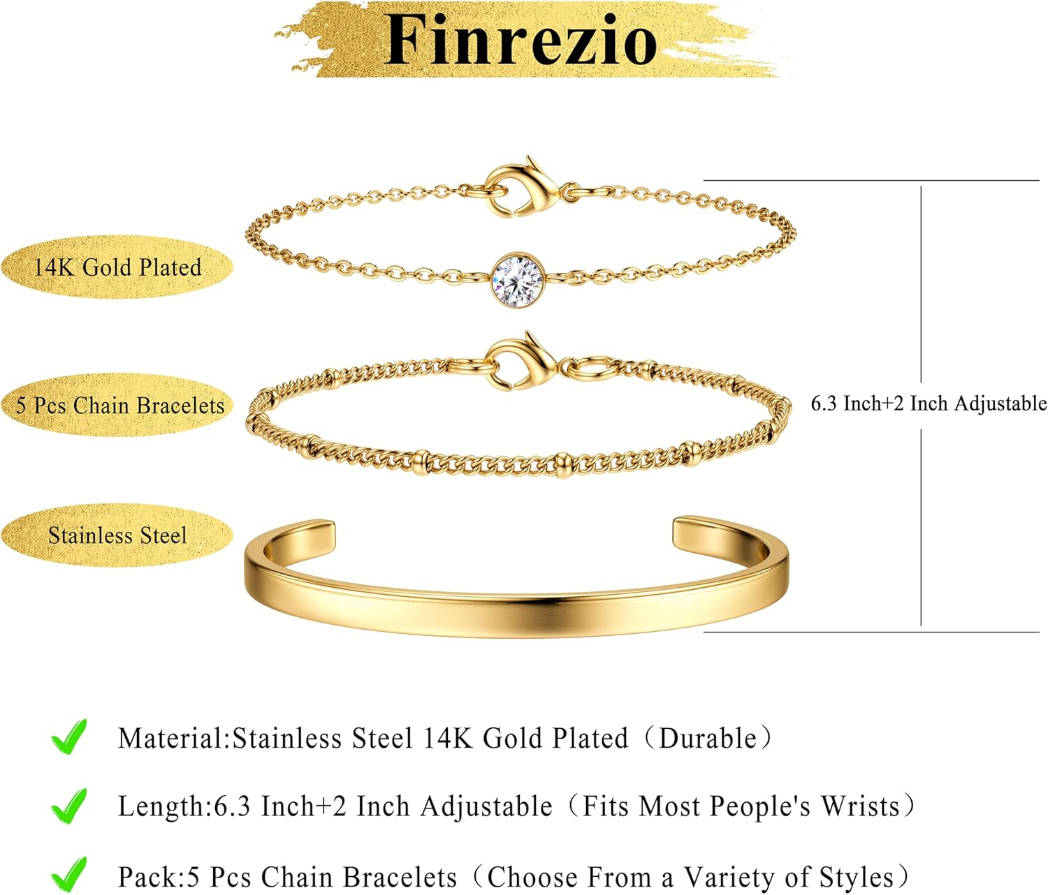 Thumbnail 4 de Finrezio Armband-Set Damen Gold 14K Vergoldet – Edelstahl, verstellbar, 3–5 Stück