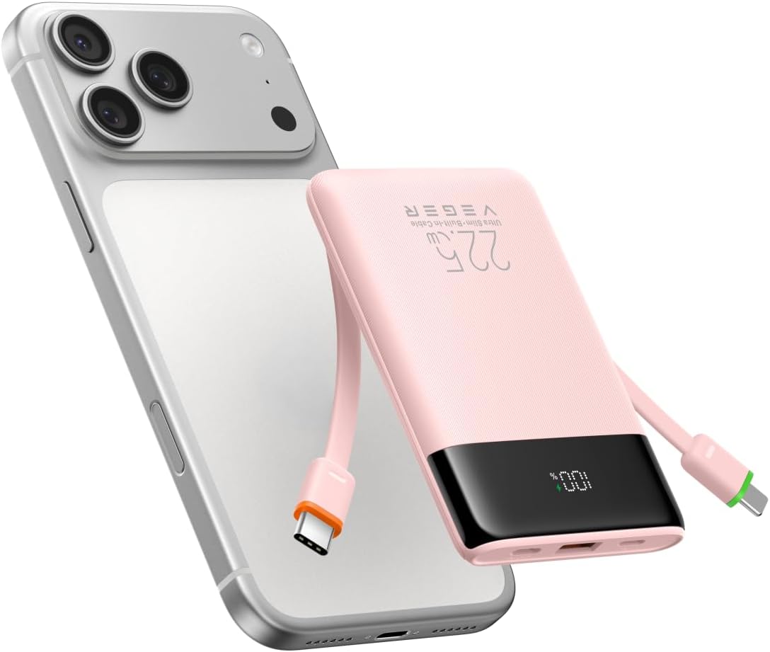Detalle de VEGER V1202 10,000mAh Power Bank, 22.5W Fast Charging with Built-In Cables