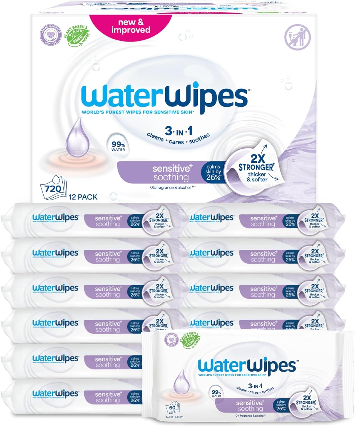 WaterWipes Sensitive+ Soothing Wipes 720 Count (12 Packs) – 3-in-1 Cleanse, Care & Soothe