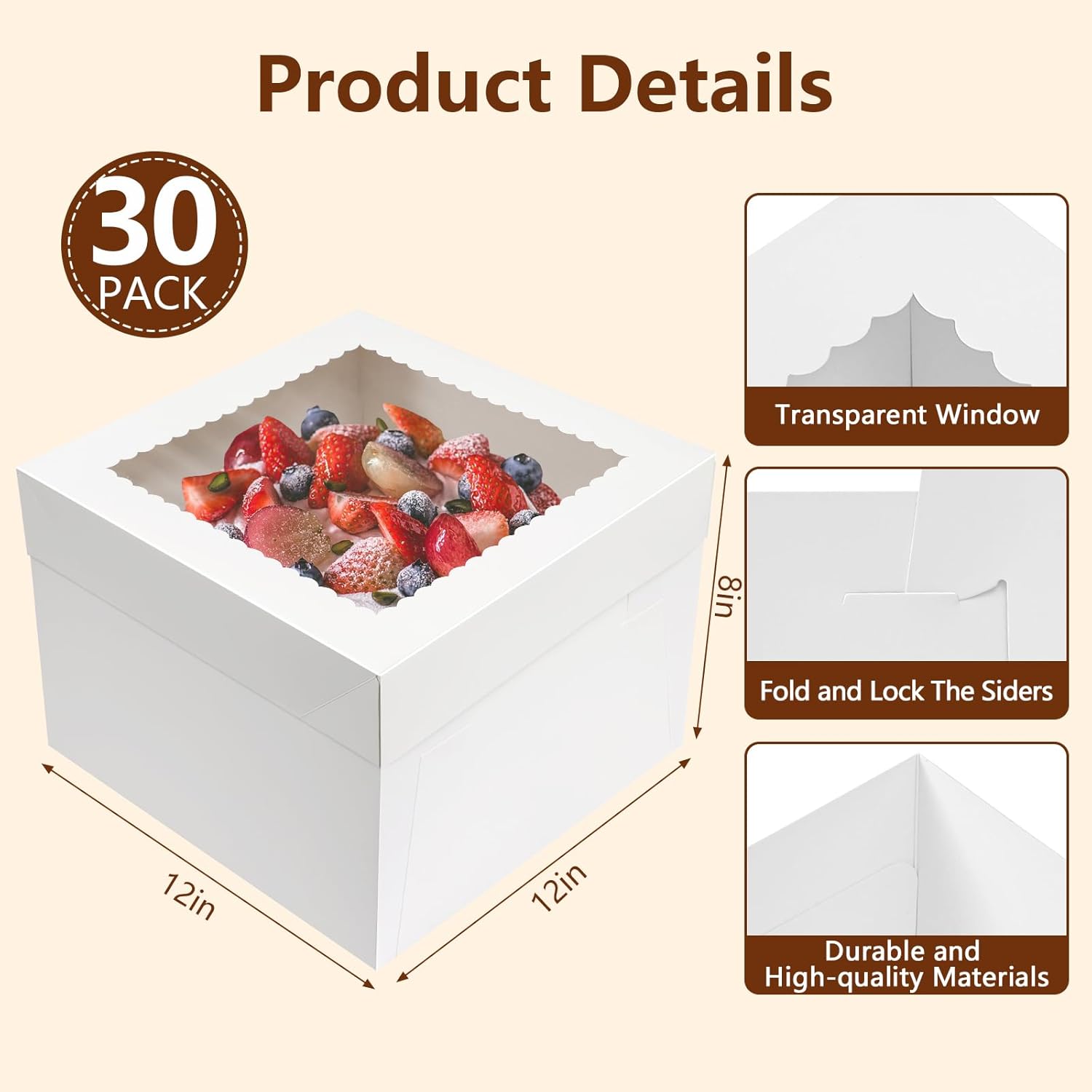 Detalle de NEOACT 30 Pcs 12x12x8 Inch White Bakery Boxes with Window — 12 Inch Tall Cake Boxes for Birthday and Wedding