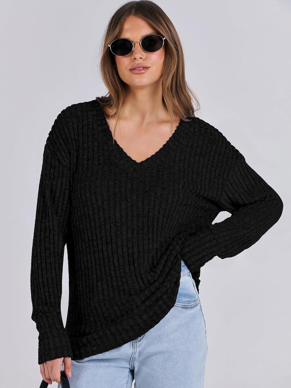 Thumbnail 6 de ANRABESS Long Sleeve V-Neck Tunic Lightweight Sweater