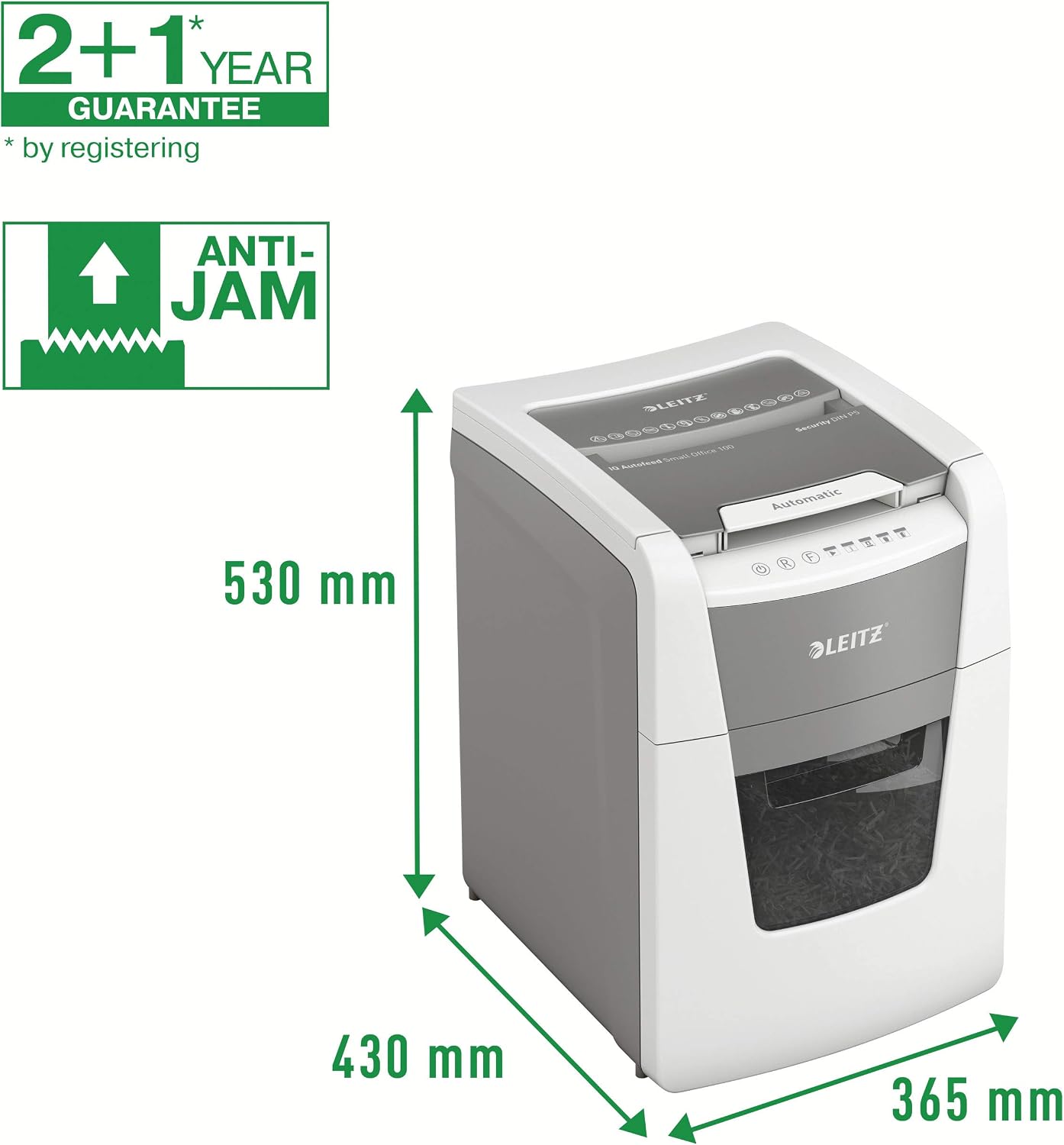 Detalle de Leitz IQ 80120000 Destructeur de Documents – coupe micro sécurité P5, 100 feuilles, corbeille 34 L, blanc